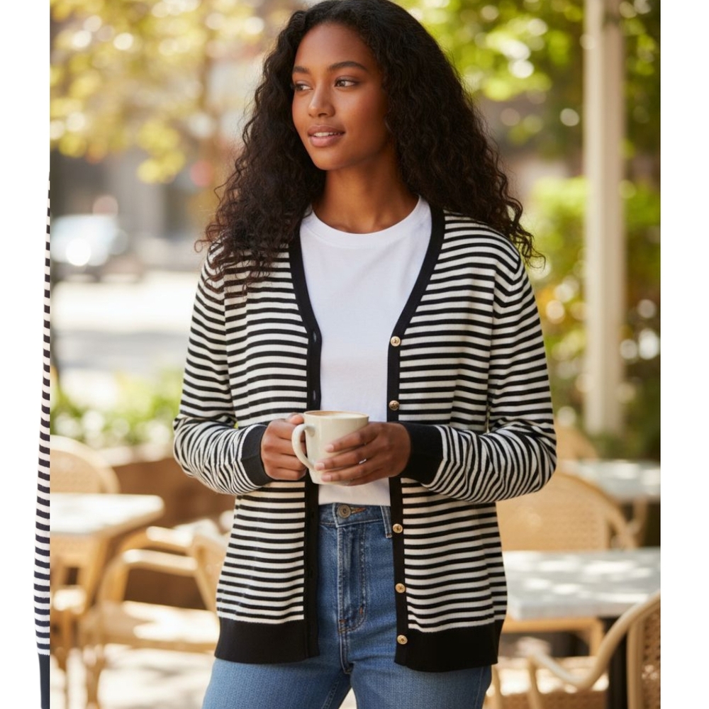 Jones New York Black and White Striped Cardigan